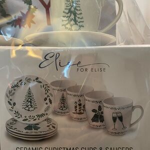Ceramic Christmas Mugs & Saucers Set - White with Green Holiday Motifs